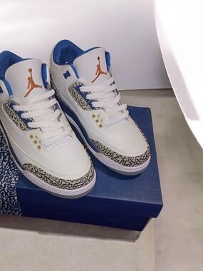 Jordan Kids White Blue Elephant Print Sneakers with Orange Jumpman